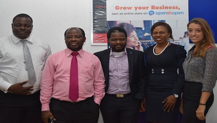 L-R: Charles Ibonye, Project manager, CWG Plc; James Agada Chief Technology Officer, CWG Plc;  Tayo Oduwole, Head, Innovation; Success Nmerife, Head, Marketing Communications and Adriana De la Cruz Duffo, Business Manager, Openshopen at the maiden eCommerce workshop for merchants in Lagos recently.